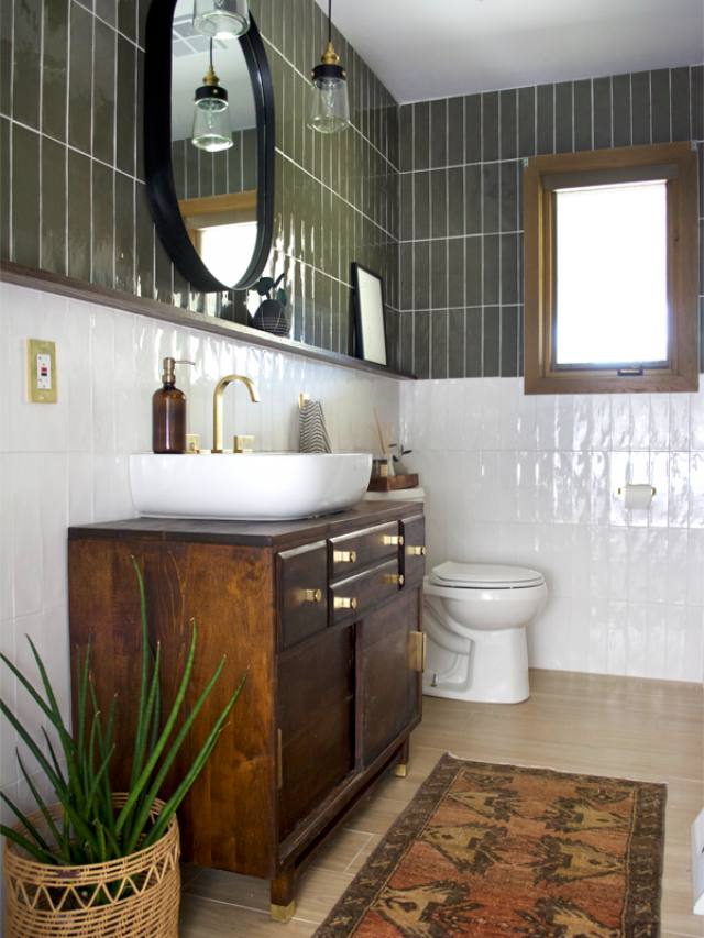 Green and White Color Block Tile Bathroom